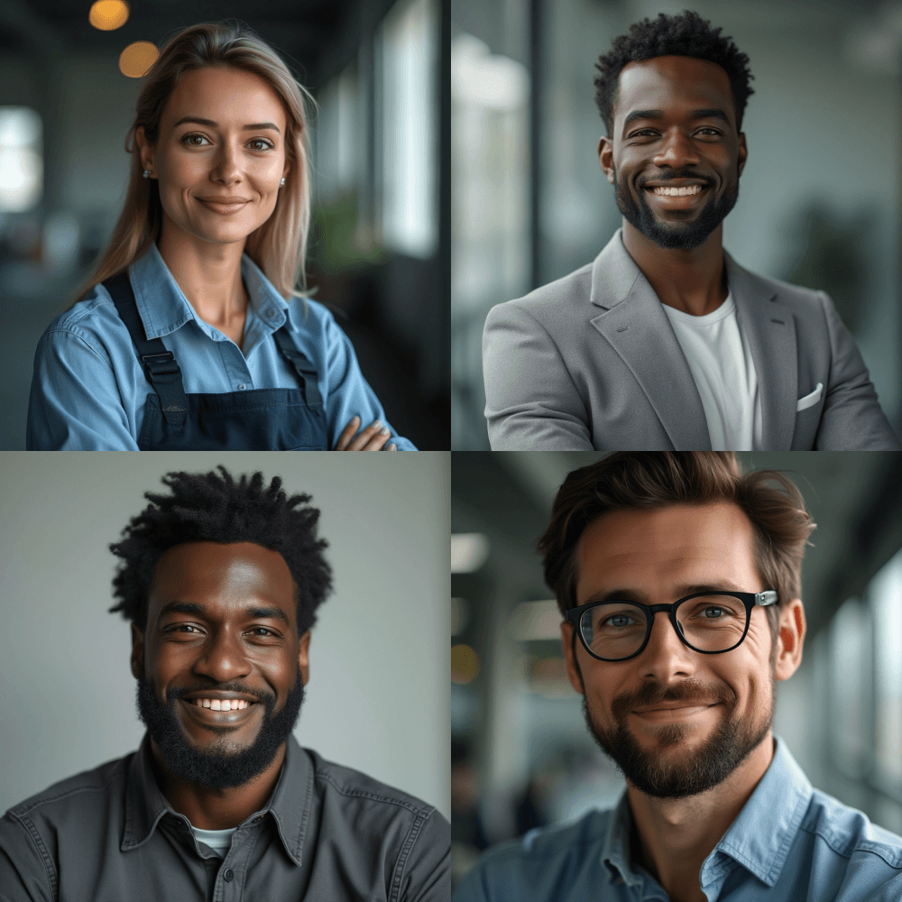 4 example engineering headshots of engineers with different outfits (casual and professional)